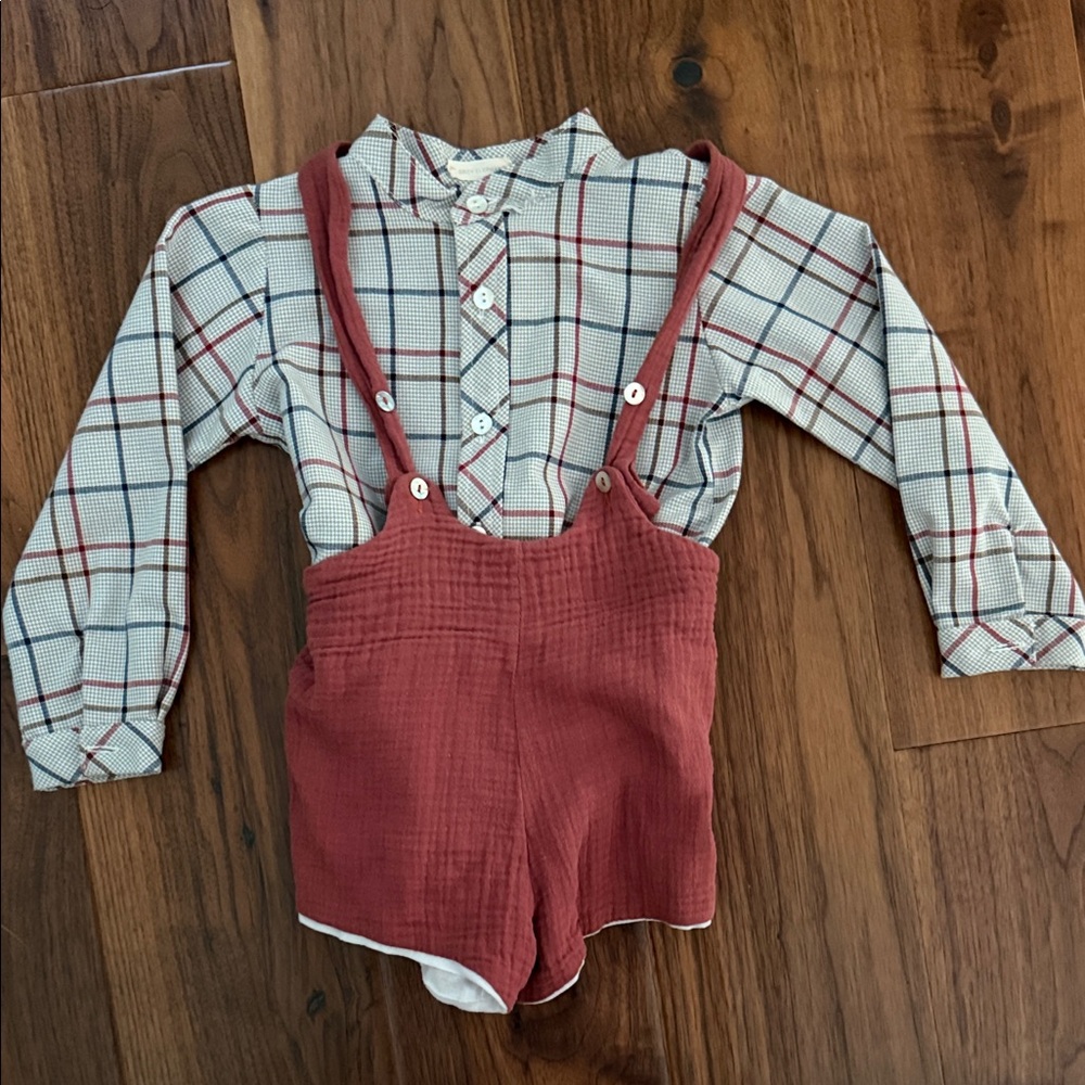 Kids Plaid Shirt and Red Suspender Shorts Set